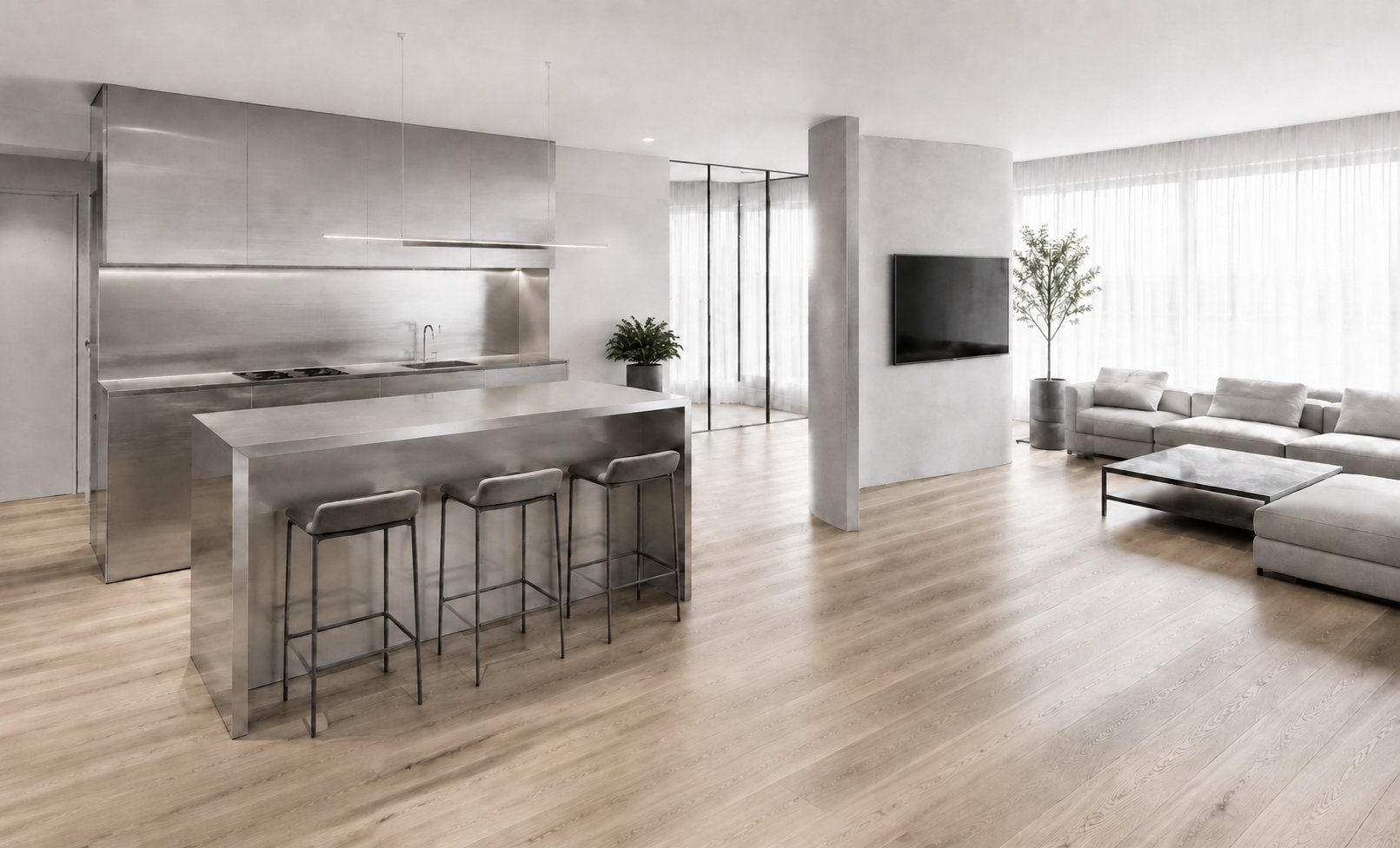 Stainless steel kitchen and breakaway lounge